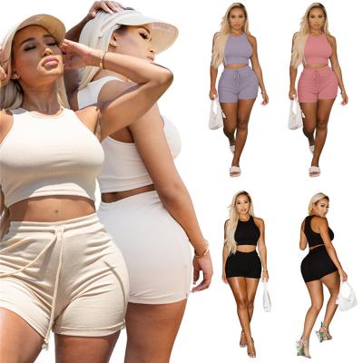 China Anti-pilling Summer Female Sport Outfits Stretchy Sleeveless Tops Drawstring Shorts Women Two Piece Set for sale