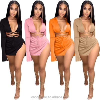 China Women Summer QUICK DRY Skirt Sets Street Shirt Dresses Ladies Sheath Long Skirt Set Nightclub Two Piece Dress for sale