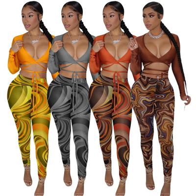 China New Arrival Sexy V-Neckline Long Sleeve Bandage Crop Top Skinny Printing Jogging Panty Set 2 Pieces Set Women Clothing for sale