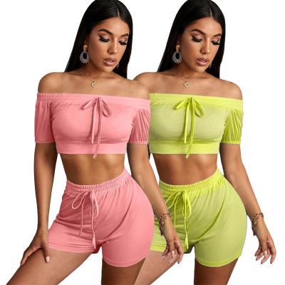 China Anti-Wrinkle Pink Women 2 Off The Shoulder Yellow Homewear Short Tracksuit Two Piece Set for sale