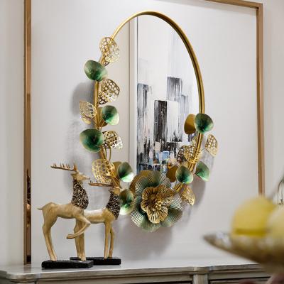 China Metal Modern Minimalist Luxury Creative Flower Wrought Iron Mirror Wall Hanging Decorative Mirror for sale