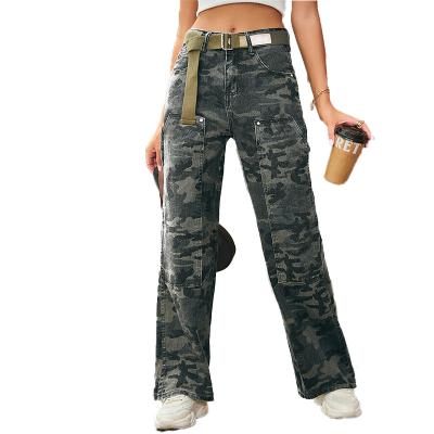 China 2023 Breathable Ladies Jean Cargo Pants Custom Hip Pop Vintage Camouflage Print Loose Straight Women Denim Cargo Pants for sale