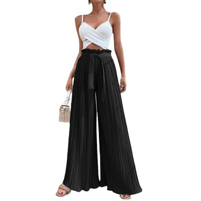 China Anti-Wrinkle Women Custom Design Solid Color Plus Size Pants Loose Wide Leg High Waist Pleated Ladies Pants for sale