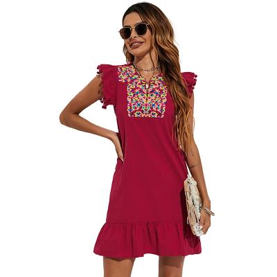 China 2023 New Summer Fashion Breathable Women Elegant Sleeveless Dress Ruffle Sleeve Embroidered A Line Ladies Dress for sale