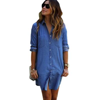 China 2023 New Fashion Anti-wrinkle 2023 vintage women's long sleeve denim dress casual turn-down collar denim dresses for women for sale