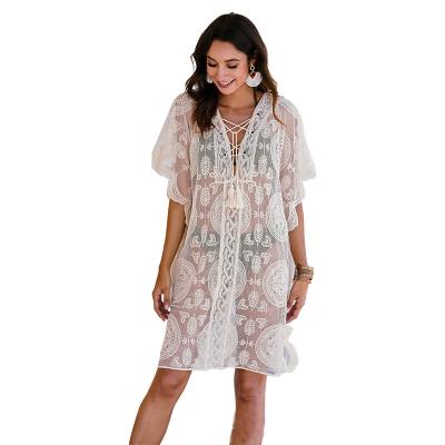 China 2023 summer ladies fashion lace floral anti-pilling blouse long bikini cardigan beach crochet sexy transparent sexy chemise for sale