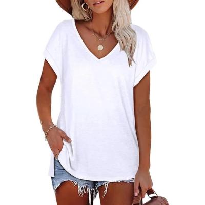 China Anti-Wrinkle Fashion Design White Short Sleeve Women Tops Summer Casual Loose V-Neck T-Shirt For Women for sale