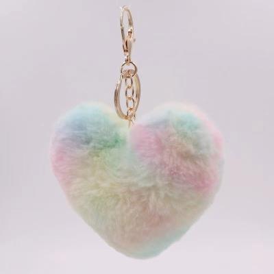 China Promotion Gift Fluffy Pompom Key Chain Gifts For Soft Rainbow Heart Shape Pompom Faux Rabbit Fur Key Chain Ball Car Bag Accessory Keyring women for sale