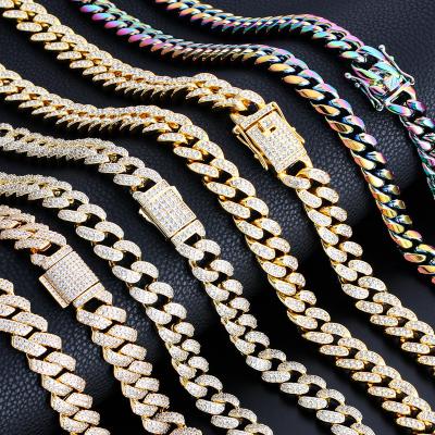 China Durable Custom Hip Hop Women Men Letter Stainless Steel Twist Rope Miami Iced Out 18K Gold Plated Restrictor Diamond Cuban Link Chain Necklace for sale