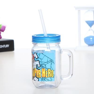 China Sustainable High Quality Clear Plastic Mason Jar Straw Cup With Lid And Handle for sale