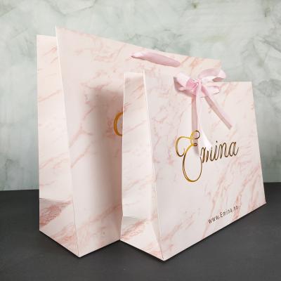 China Recyclable Custom Logo Printed Luxury Paper Gift Bag Boutique Paper Bag Small For Jewelry Shopping Packaging With Ribbon Handle for sale