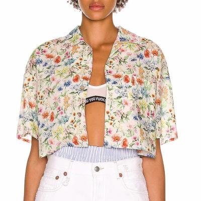 China New arrival holiday anti-pilling short sleeve ladies shirt decline floral print short collar women blouse top for sale