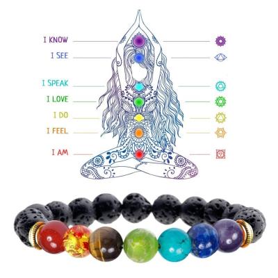 China Free Sample TRENDY Handmade Yoga Inspired Bracelet, Natural Lava Stone Essential Oil Diffuser 7 Chakra Bead Bracelet for sale