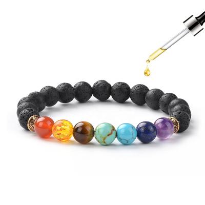 China TRENDY Handmade Yoga Inspired Jewelry Natural Lava Stone Essential Oil Diffuser 7 Chakra Bead Bracelet for sale