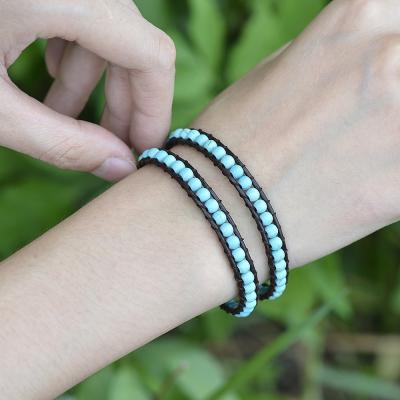 China FASHIONABLE Boho Cliobeads Turquoise 2 Layers 4mm Handmade Genuine Leather Wrap Around Beaded Bracelet for sale