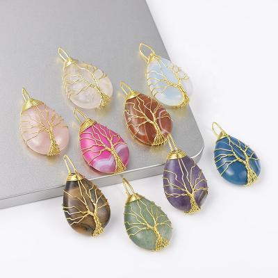 China Fashion Cliobeads Wire Wrap Tree of Life Gemstone Gold Color Pendant Teardrop Shape Crystal Stone Pendant for sale