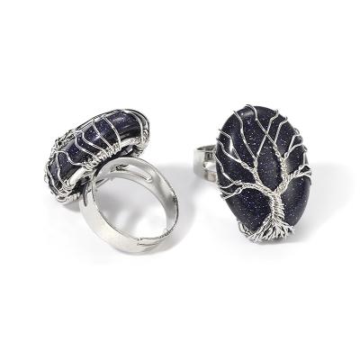 China Gem Stone Blue Goldstone Onyx Brass Plated Natural Oval Cabochon Brass Plated Wire Wrapped Tree of Life Ring for sale