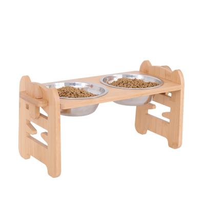 China Automatic Adjustable Raised Wooden Dog Feeder Rack With Bowls Elevated Inclined Dog Food Feeder for sale