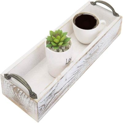 China Durable Whitewashed Part Rectangular Wood Serving Tray With Side Handles for sale