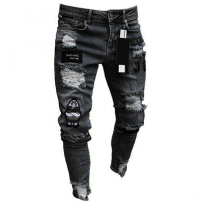 China New Style QUICK DRY Hot Selling Elastic Art Patches Skinny Ripped Hole Men's Pants Tops Jeans for sale