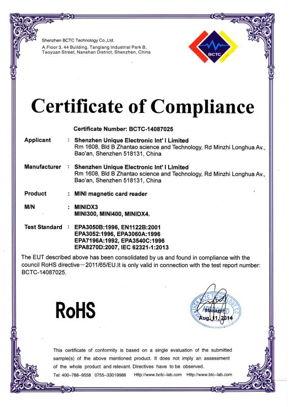 Rohs - Shenzhen Unique Electronic Int'l Ltd.