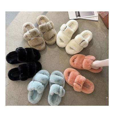 China Breathable Ladies Fashion Double Strap Fluffy Hairy Fur Slides Sandals Plush Women Slippers for sale