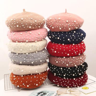 China Plush Fashion Wool Women Winter Berets Beads Vintage Vogue Cashmere Rivet Flat Beret Hats Girls Warm Berets for sale