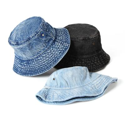 China Picture Distressed Vintage Wide Brim Jean Denim Fisherman Bucket Hats for sale