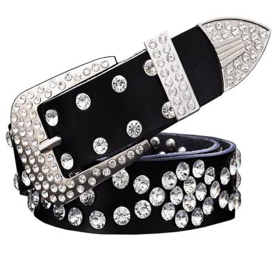 China Fashion.Casual sparkle western cowboy women jeans diamond-studded rhinestone designer leather belt for sale