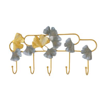 China Stocked Ginkgo Wall Decorations Wrought Iron Metal Leaf Wall Hook Door Master Coat Wall Hanging Hooks for sale