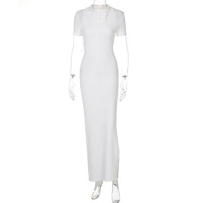 China V-Neck Breathable Temperament Solid Color Casual Dress Slit White Dress Long for sale