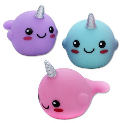 China Good Quality Plastic Bath Toy PVC Cartoon Light Up Floating Cute Sea Animal Narwhal Baby Bath Toy for sale