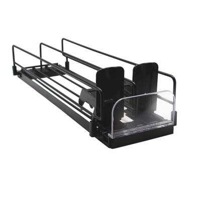 China Retail Shops Spring Load Black Metal Wire Shelf Pusher Display Box Single Sided Single Track Shelf Pusher for sale