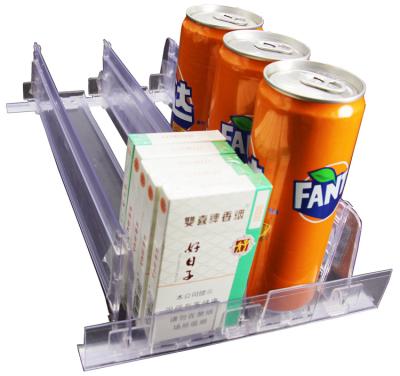 China Double Sided Spring Loaded Beverage Bottle Shelf Kit Retail Supermarket Merchandise Display Shelf Auto-front Pusher for sale