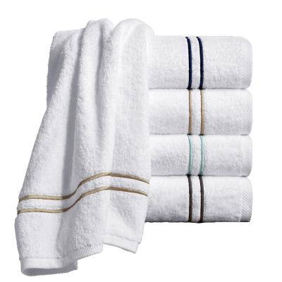 China Sustainable Wholesale Custom White 100% Cotton Embroidery 2 Lines Logo Bath Towels For 5 Star Hotel SPA Pool for sale