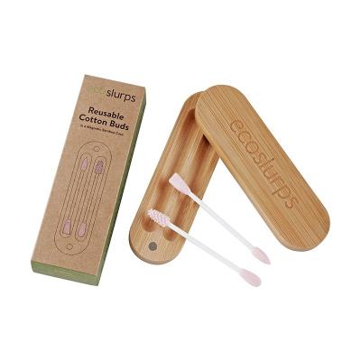 China Clean LOGO Reusable Silicone Cotton Buds Qtips Custom Non-Removable Silicone Dabs in Portable Bamboo Case for sale