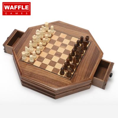 China Varnished WAFFLE Walnut Chessboard Premium Chess Set With Drawers for sale