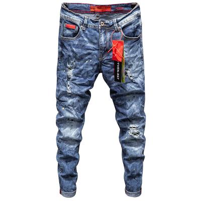 China 2021 New Style High Quality Men's Breathable Jeans With Holes Leisure Biker Patch Paint Slim Fit Denim Pants Printing Spray Paint Pants for sale