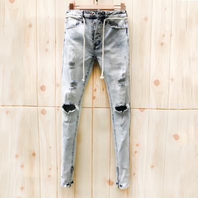 China New Style Breathable High Quality English Bike Jeans High Street Blue Zipper Distressed Hole Pants Denim Factory Light Blue 98% Cotton for sale