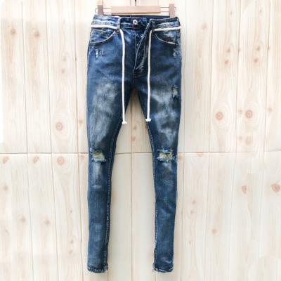 China Breathable 98% Cotton England Style Bike Jeans High Street Zipper Distresseholed Zipper Pants Blue Ripped Denim Pants Stock for sale