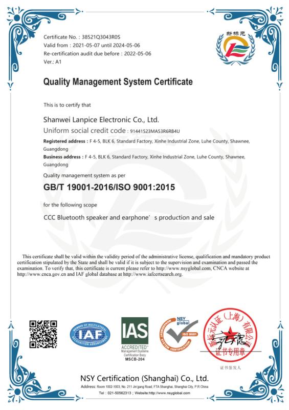 ISO9001 - Shanwei Lanpice Electronic Co., Ltd.