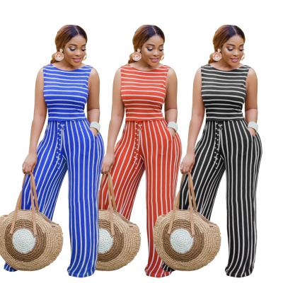 China Women's Striped Two Piece Suit Women's Sleeveless Print Loose Breathable Top With Pockets for sale