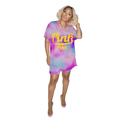 China Breathable Letter Tie Dye High Fork T-Shirt Skirt Bottom Pants V-Neck Two Piece Women's Two Piece Sets for sale