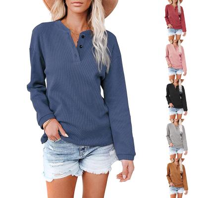 China 2021 Autumn Winter Women Loose Solid Black Long Sleeve V-Neckline Anti-Pilling Button T-Shirt Casual Ladies Fashion Street Pullovers Tops Blouse for sale