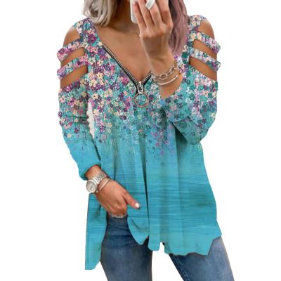 China 2021 breathable autumn and winter European and American women's new V-neck strapless floral printing long-sleeved T-shirt for sale