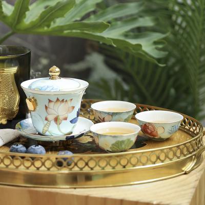 China Viable Bone China Kung Fu Tea Sets with Storage Bag for Outdoor or Camping and Traveling Lotus Pattern Classic Chinese Tea Set for sale