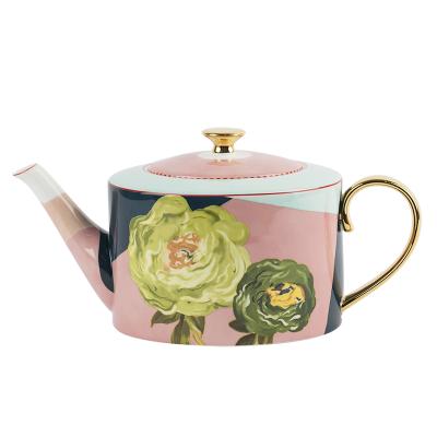 China Hot Sale High Quality Widely Used Modern Contemporary Bone China Flower Art Design Factory Sale Various Ceramic Teapot With Gold Handle for sale