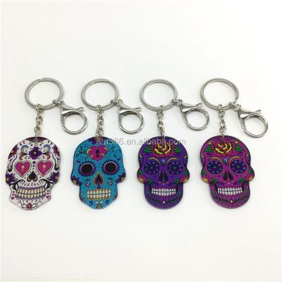 China Promotion Gift Skull Key Chain High Quality Acrylic Custom Printing Sugar Skull Keychain With Metal Key Ring for sale