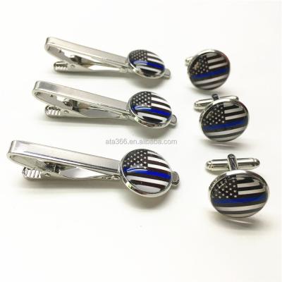 China Promotion Gift Wholesale Thin Blue Line Link Clip Cufflinks Gift Set Lapel Pin With Thin Blue Line Stickers Flag for sale