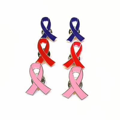 China Wholesale Customized Red Pink Breast Cancer Awareness Blue Ribbon Shape Metal Lapel Pin From Europe for sale